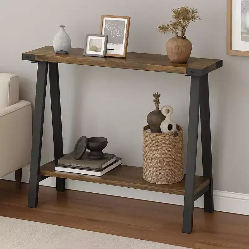 GustoWave Farmhouse Console Table with Storage, 2 Tier Narrow Entry Table with with Metal Frame and MDF for Living Room - Rustic