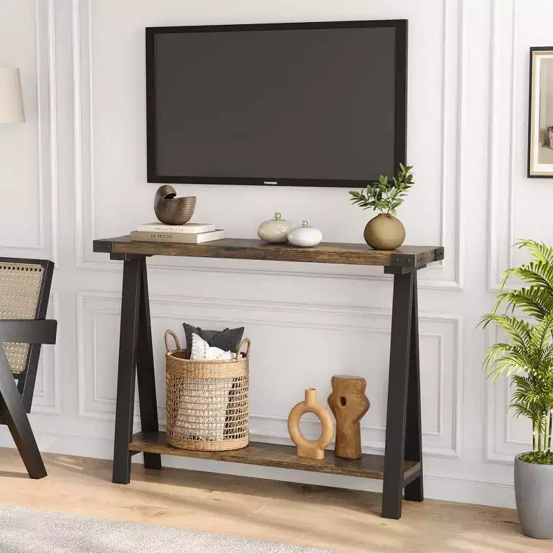 GustoWave Farmhouse Console Table with Storage, 2 Tier Narrow Entry Table with with Metal Frame and MDF for Living Room - Rustic