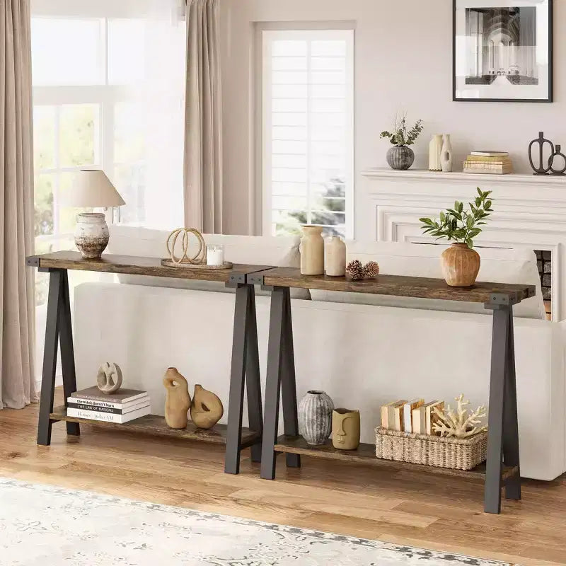 GustoWave Farmhouse Console Table with Storage, 2 Tier Narrow Entry Table with with Metal Frame and MDF for Living Room - Rustic
