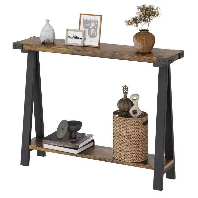 GustoWave Farmhouse Console Table with Storage, 2 Tier Narrow Entry Table with with Metal Frame and MDF for Living Room - Rustic