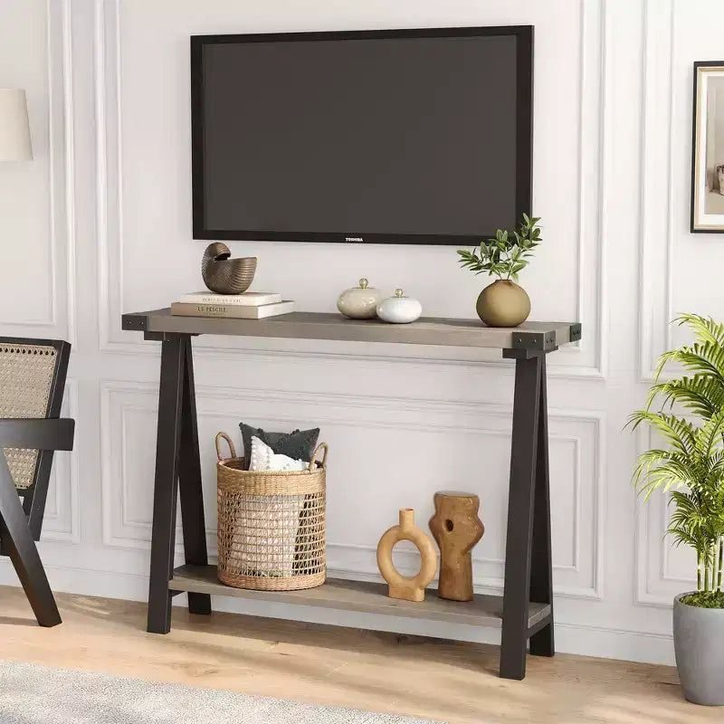 GustoWave Farmhouse Console Table with Storage, 2 Tier Narrow Entry Table with with Metal Frame and MDF for Living Room - Rustic