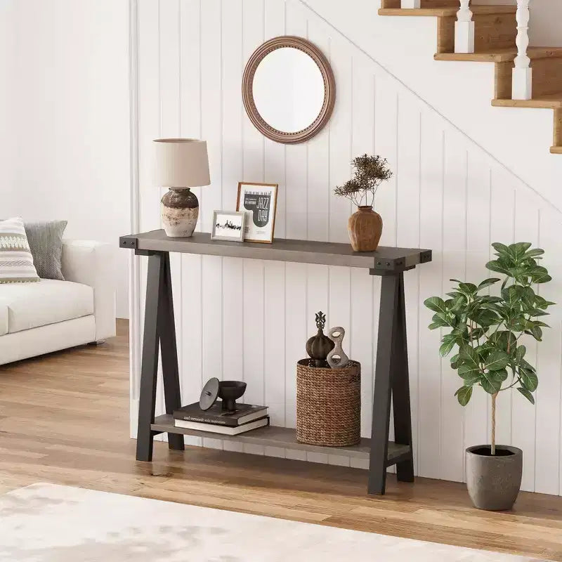 GustoWave Farmhouse Console Table with Storage, 2 Tier Narrow Entry Table with with Metal Frame and MDF for Living Room - Rustic