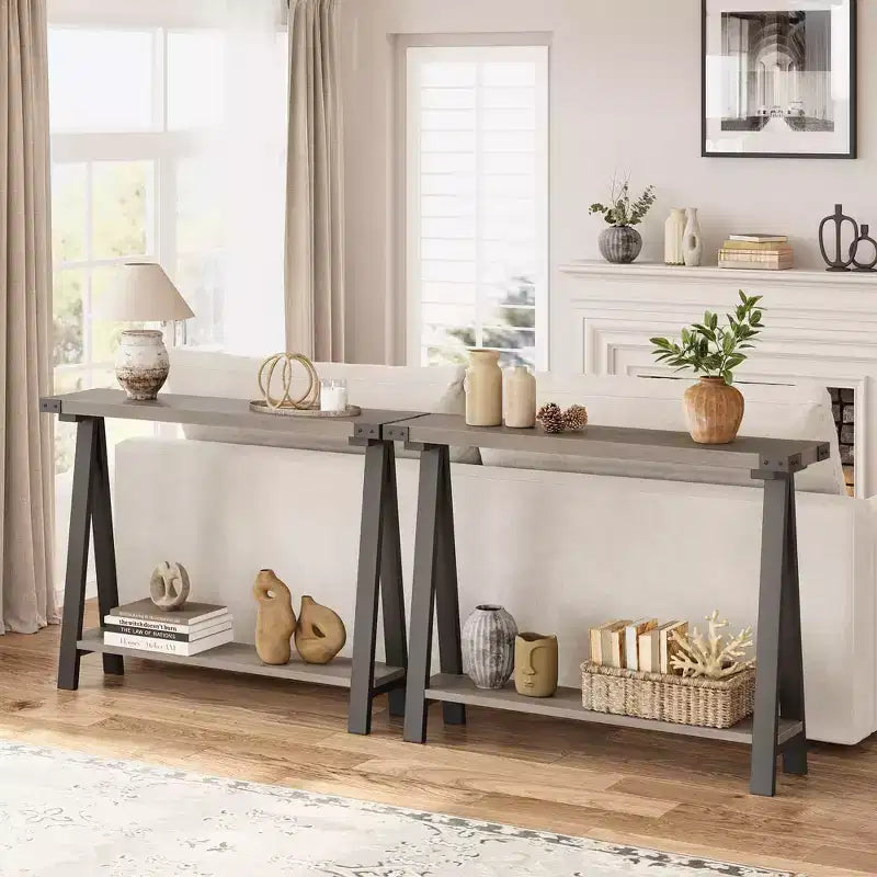 GustoWave Farmhouse Console Table with Storage, 2 Tier Narrow Entry Table with with Metal Frame and MDF for Living Room - Rustic
