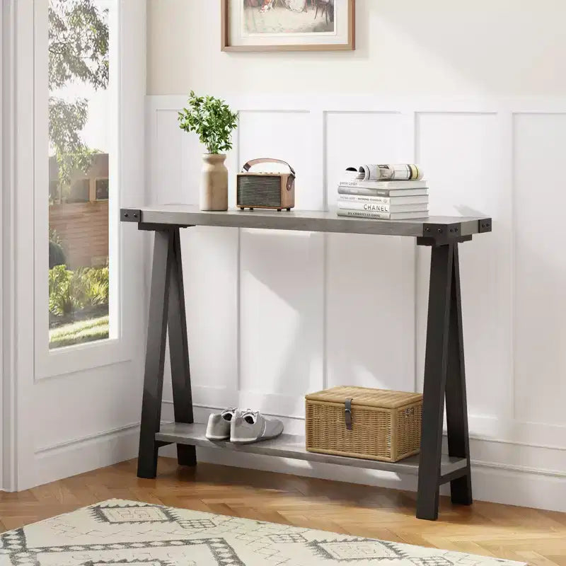 GustoWave Farmhouse Console Table with Storage, 2 Tier Narrow Entry Table with with Metal Frame and MDF for Living Room - Rustic