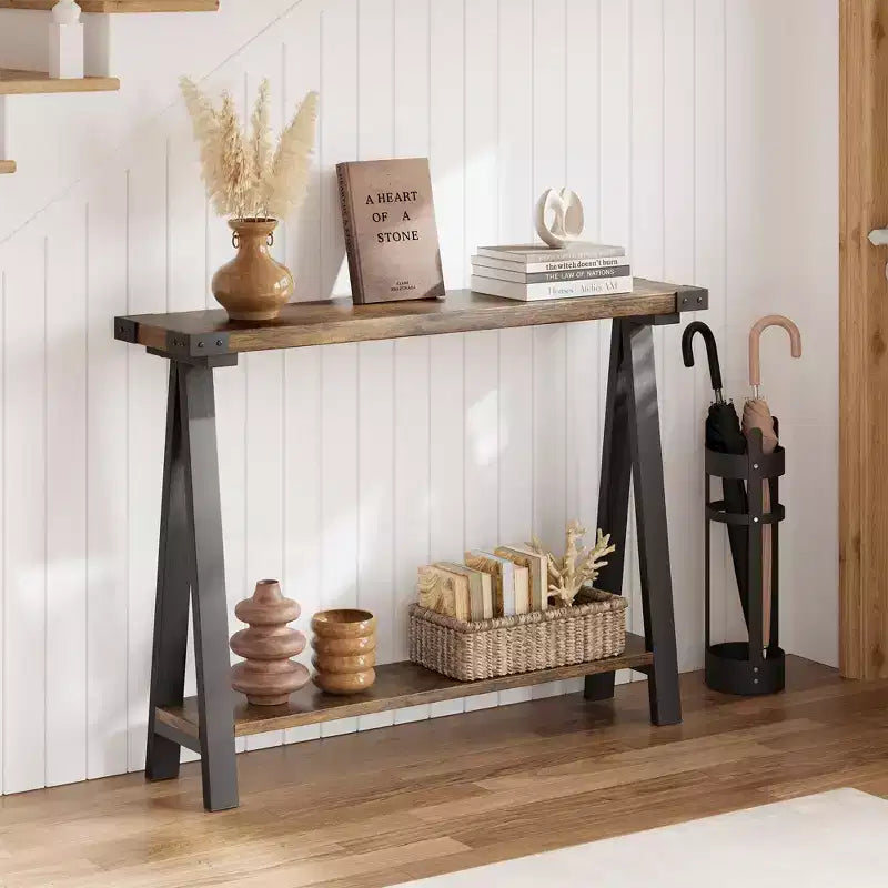 GustoWave Farmhouse Console Table with Storage, 2 Tier Narrow Entry Table with with Metal Frame and MDF for Living Room - Rustic