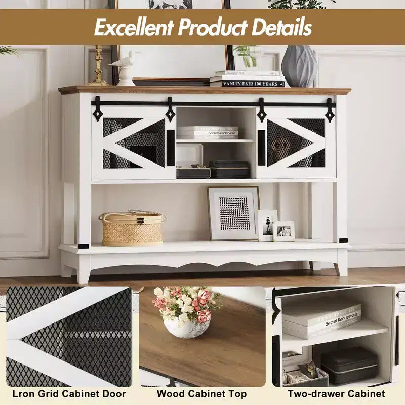 GustoWave 46.5'' Farmhouse Console Table with Sliding Barn Doors & Storage Cabinet - Entryway Table, Sofa Table for Living Room, White