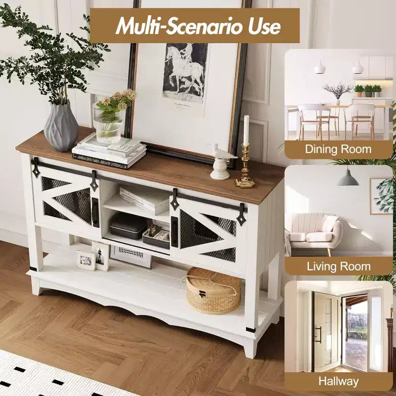 GustoWave 46.5'' Farmhouse Console Table with Sliding Barn Doors & Storage Cabinet - Entryway Table, Sofa Table for Living Room, White