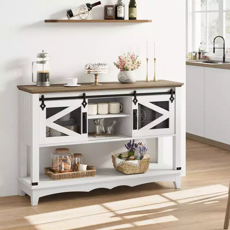 GustoWave 46.5'' Farmhouse Console Table with Sliding Barn Doors & Storage Cabinet - Entryway Table, Sofa Table for Living Room, White
