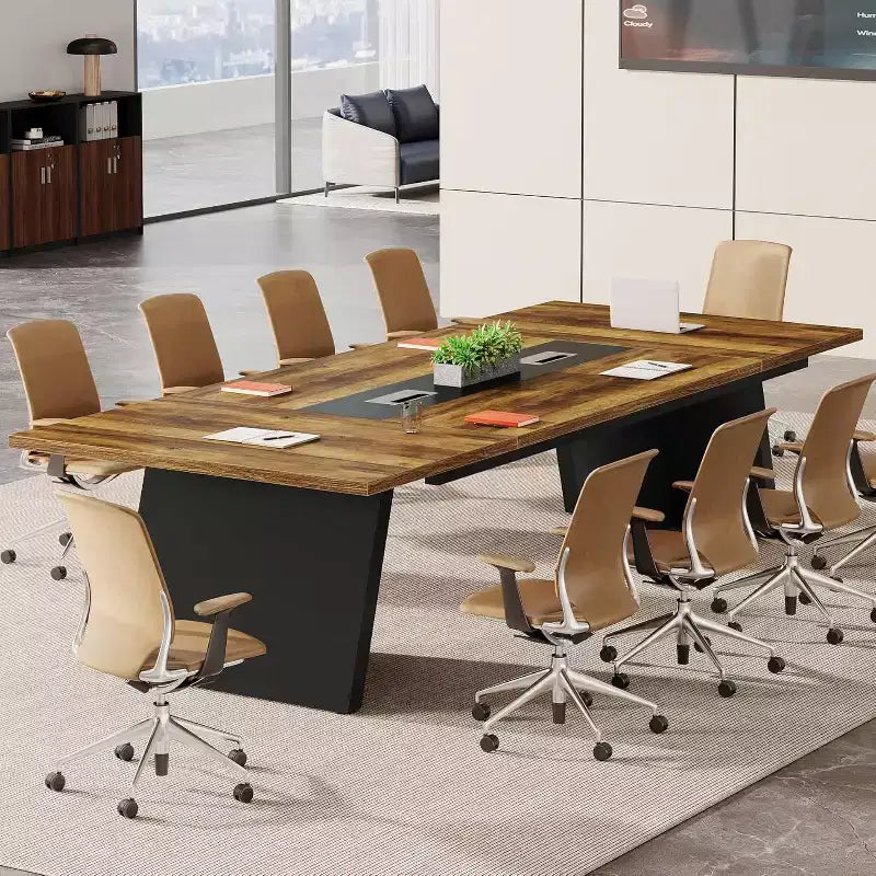 Lantine Modern 8ft Conference Table, Meeting Room Table with Cable Management, Large Business Seminar Furniture for Boardroom