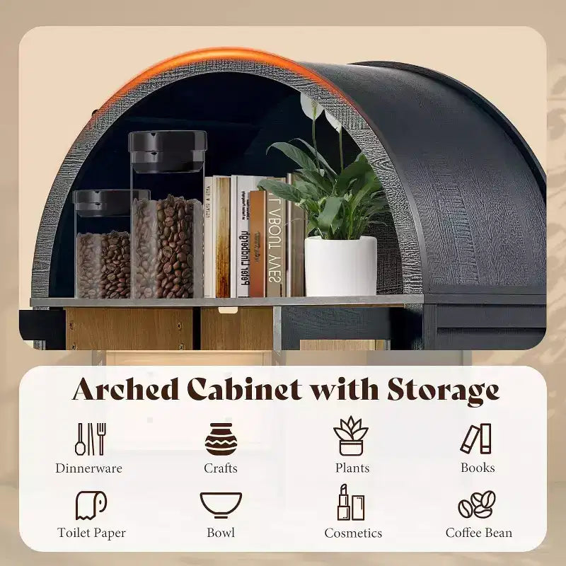 AMERLIFE 71 Tall Arched Storage Cabinet with Glass Doors & Drawers for Living Room, Black Oak