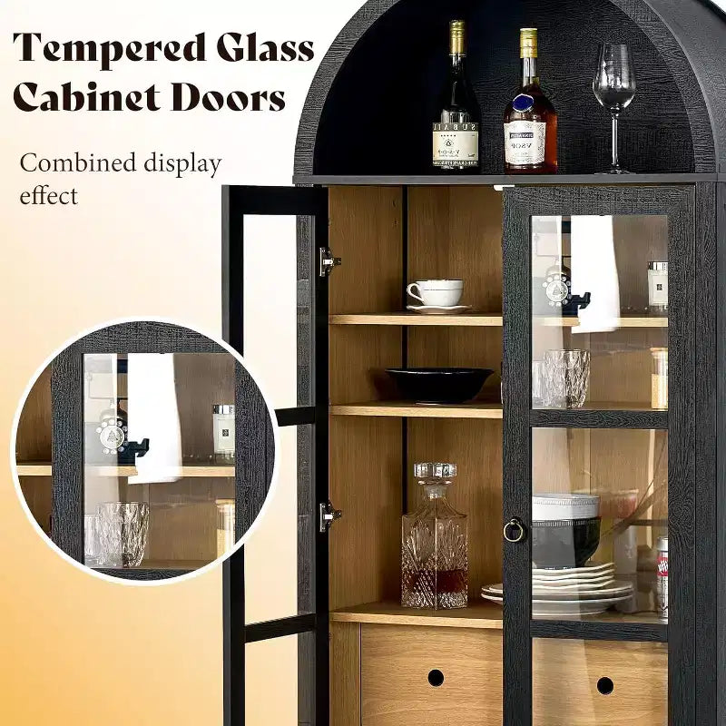 AMERLIFE 71 Tall Arched Storage Cabinet with Glass Doors & Drawers for Living Room, Black Oak