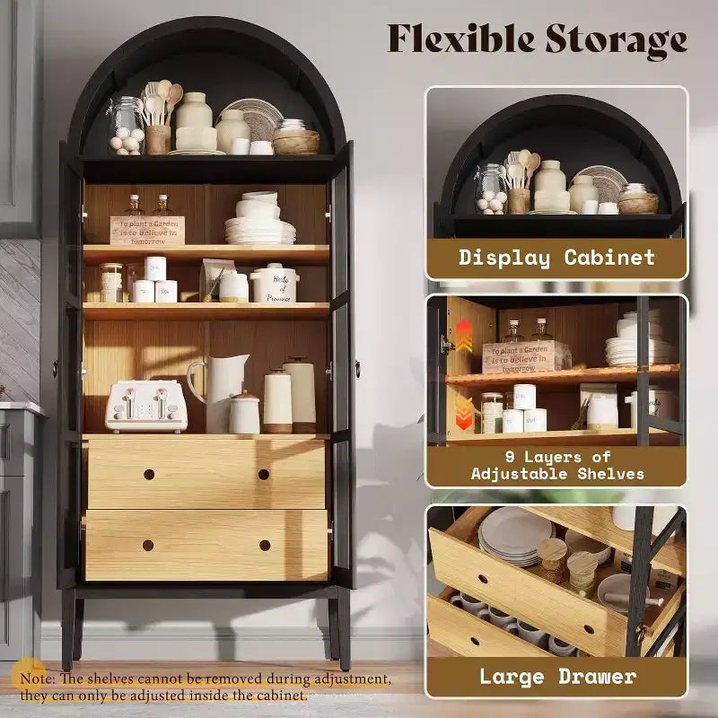 AMERLIFE 71 Tall Arched Storage Cabinet with Glass Doors & Drawers for Living Room, Black Oak