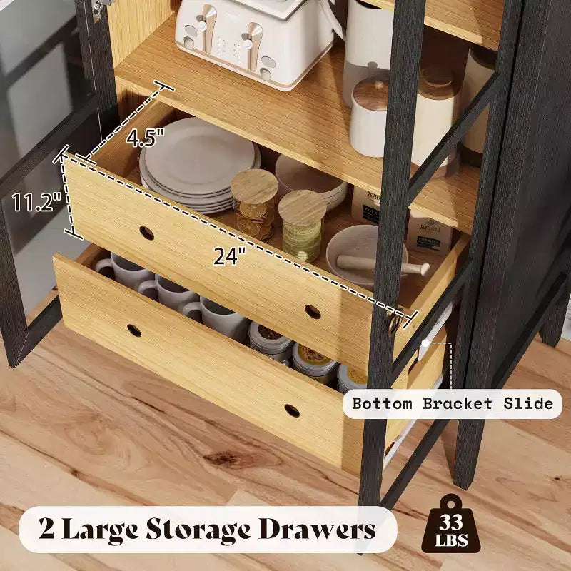AMERLIFE 71 Tall Arched Storage Cabinet with Glass Doors & Drawers for Living Room, Black Oak