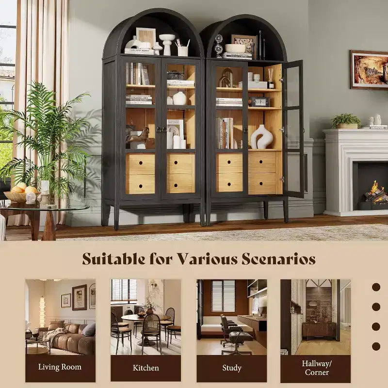AMERLIFE 71 Tall Arched Storage Cabinet with Glass Doors & Drawers for Living Room, Black Oak