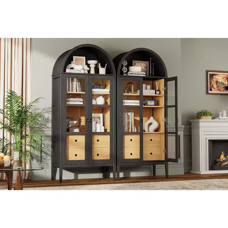 AMERLIFE 71 Tall Arched Storage Cabinet with Glass Doors & Drawers for Living Room, Black Oak