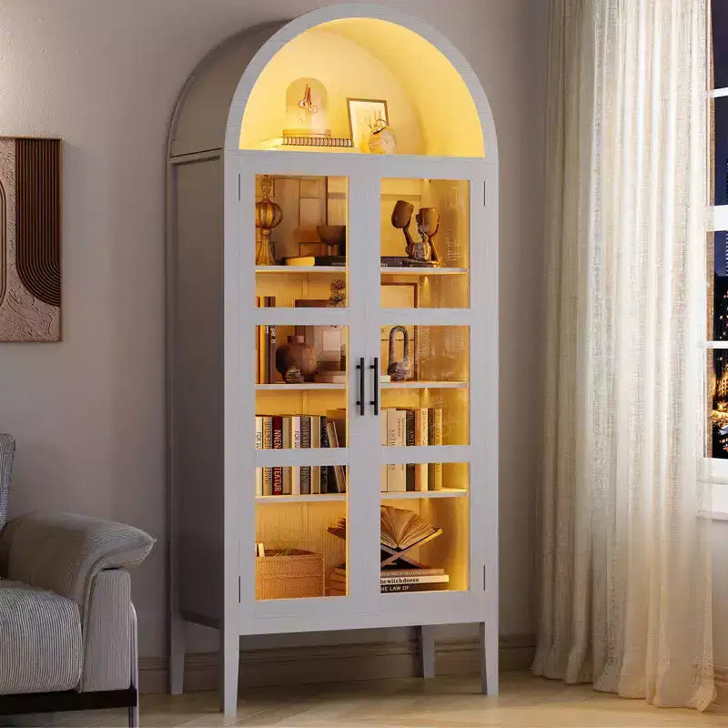 COZONY 70 Arched Kitchen Pantry Cabinet with LED Lights & Glass Doors, Adjustable Shelf Display Bookshelf