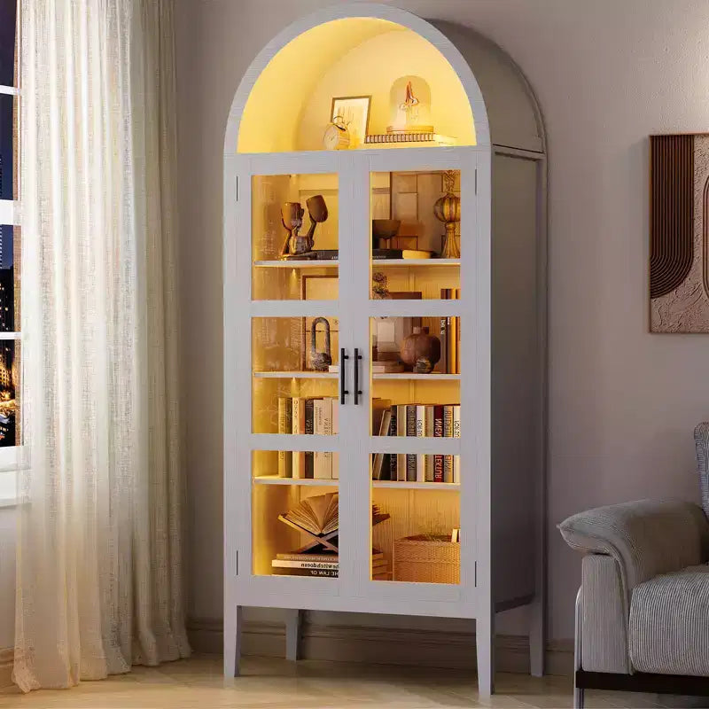 COZONY 70 Arched Kitchen Pantry Cabinet with LED Lights & Glass Doors, Adjustable Shelf Display Bookshelf