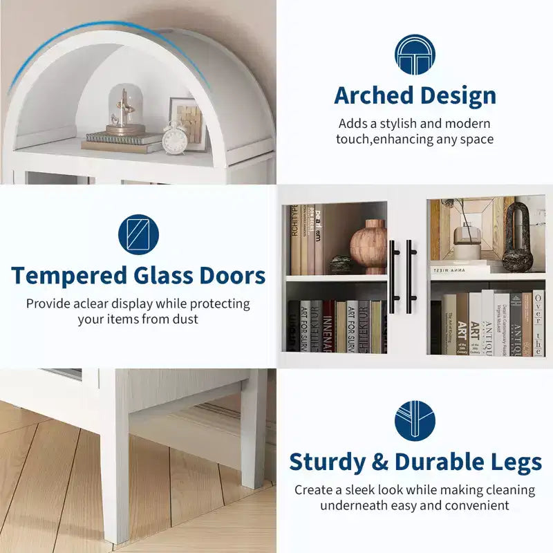 COZONY 70 Arched Kitchen Pantry Cabinet with LED Lights & Glass Doors, Adjustable Shelf Display Bookshelf