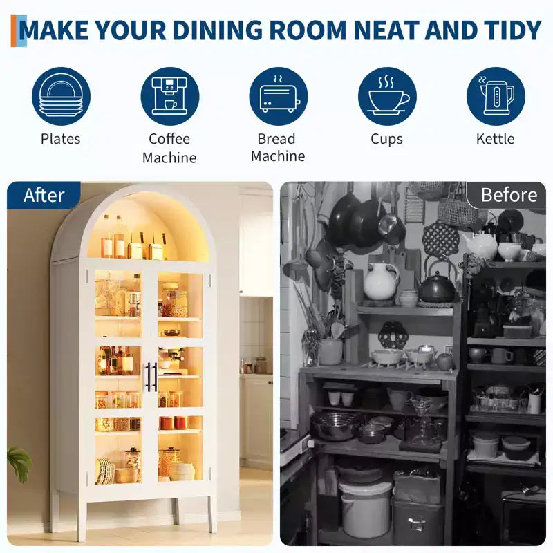 COZONY 70 Arched Kitchen Pantry Cabinet with LED Lights & Glass Doors, Adjustable Shelf Display Bookshelf