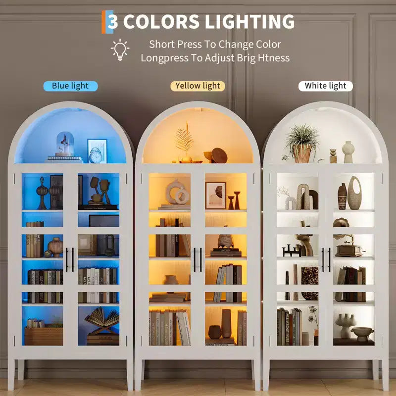 COZONY 70 Arched Kitchen Pantry Cabinet with LED Lights & Glass Doors, Adjustable Shelf Display Bookshelf