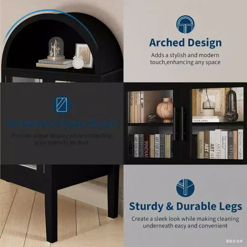 COZONY 70 Arched Kitchen Pantry Cabinet with LED Lights & Glass Doors, Adjustable Shelf Display Bookshelf
