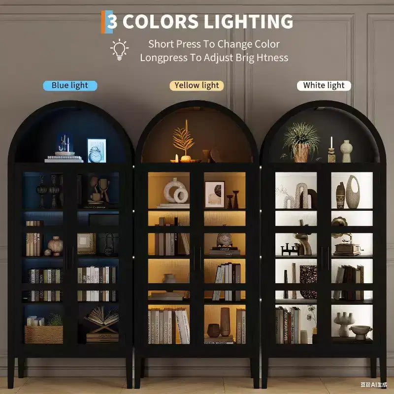 COZONY 70 Arched Kitchen Pantry Cabinet with LED Lights & Glass Doors, Adjustable Shelf Display Bookshelf