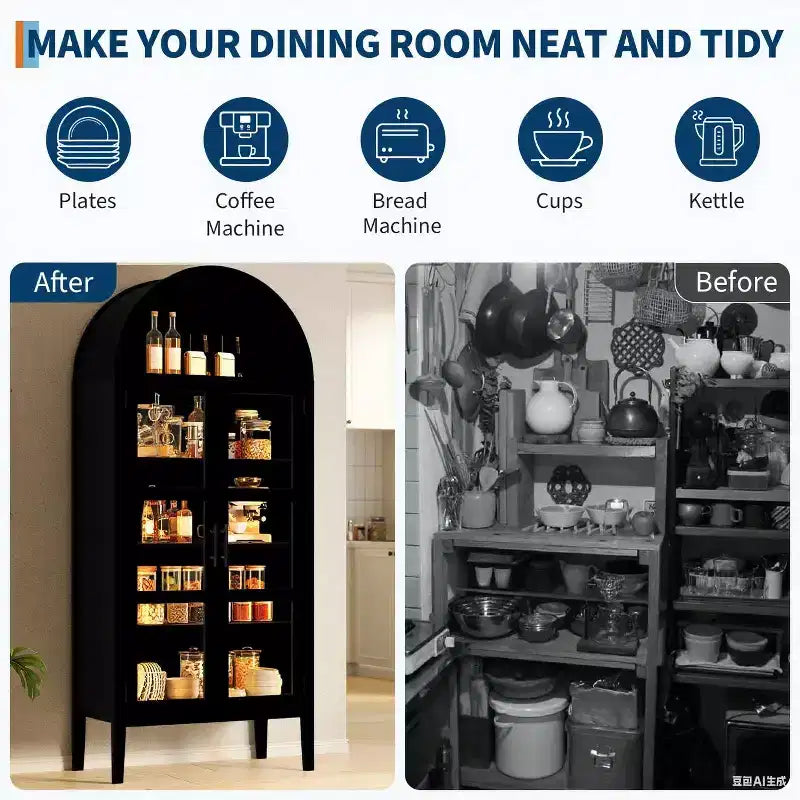 COZONY 70 Arched Kitchen Pantry Cabinet with LED Lights & Glass Doors, Adjustable Shelf Display Bookshelf