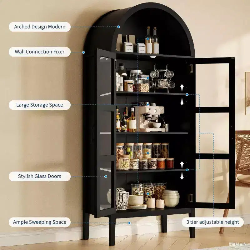 COZONY 70 Arched Kitchen Pantry Cabinet with LED Lights & Glass Doors, Adjustable Shelf Display Bookshelf