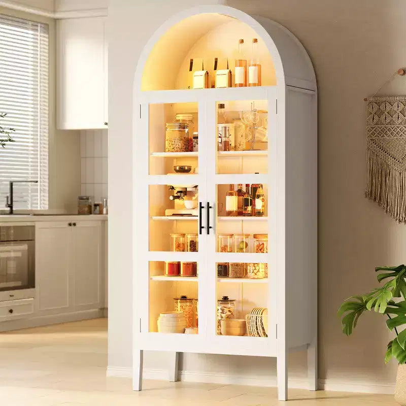 COZONY 70 Arched Kitchen Pantry Cabinet with LED Lights & Glass Doors, Adjustable Shelf Display Bookshelf