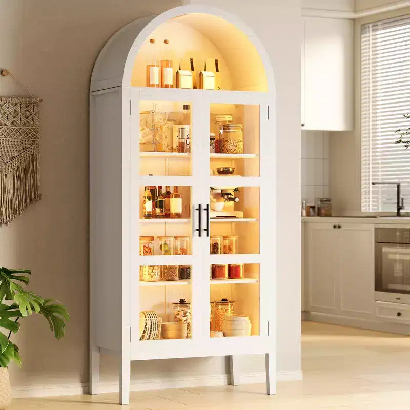 COZONY 70 Arched Kitchen Pantry Cabinet with LED Lights & Glass Doors, Adjustable Shelf Display Bookshelf