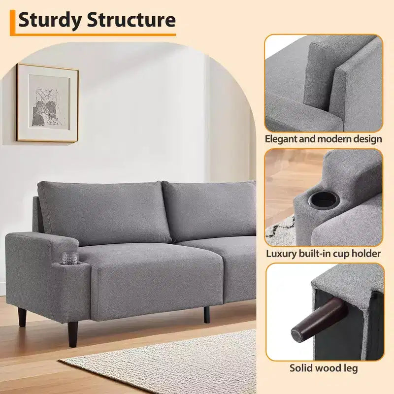 Modern Sofa, 80in Couch- Comfy Sofa with Cup Holders, Deep Seat Sofa Couch for Living Room