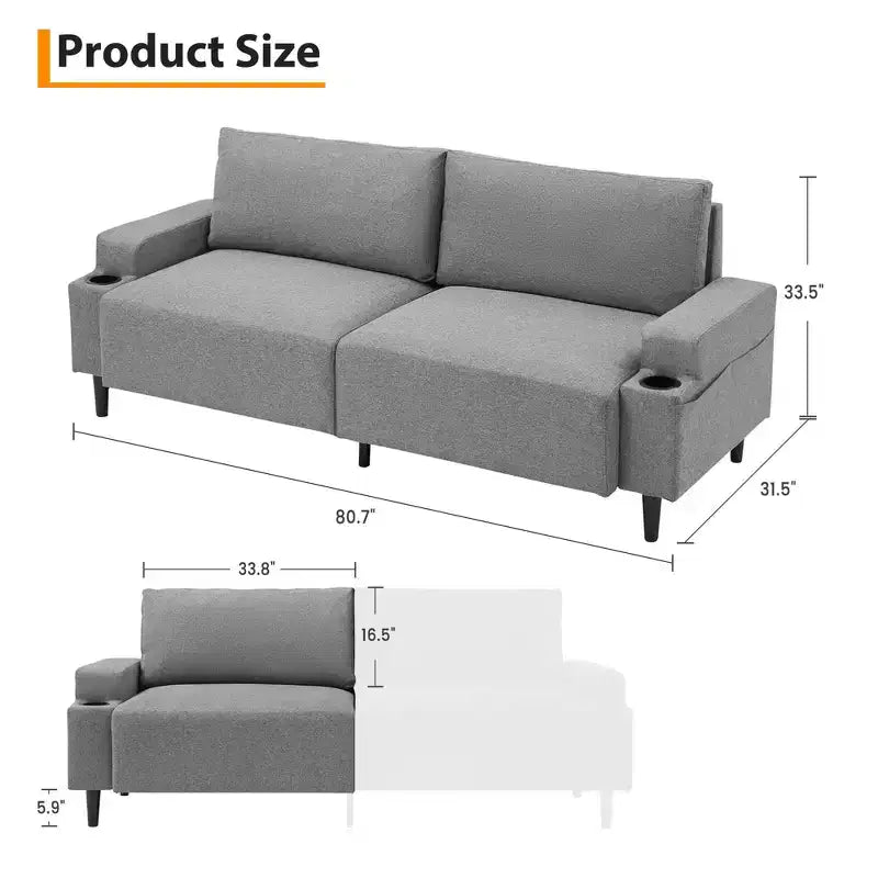 Modern Sofa, 80in Couch- Comfy Sofa with Cup Holders, Deep Seat Sofa Couch for Living Room
