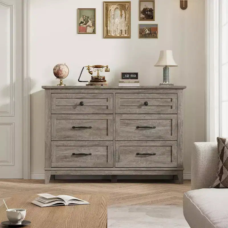 Dresser for Bedroom, Wood 6 Drawers Modern Chest, TV Stand Dresser Cabinet, Wood Closet, 6-Drawer Dressers for Bedroom Living Room