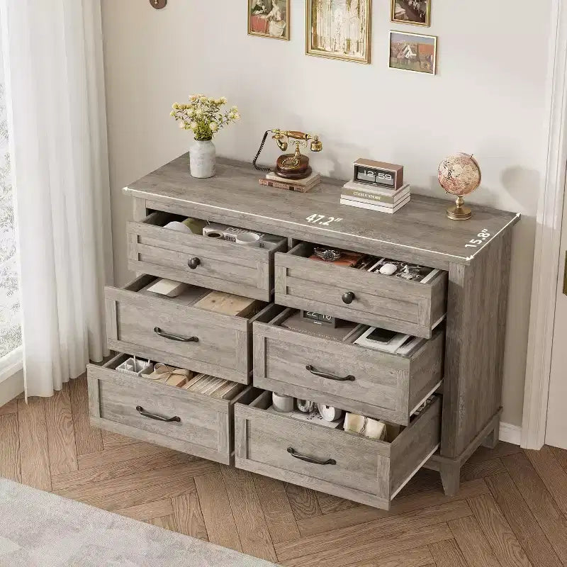 Dresser for Bedroom, Wood 6 Drawers Modern Chest, TV Stand Dresser Cabinet, Wood Closet, 6-Drawer Dressers for Bedroom Living Room