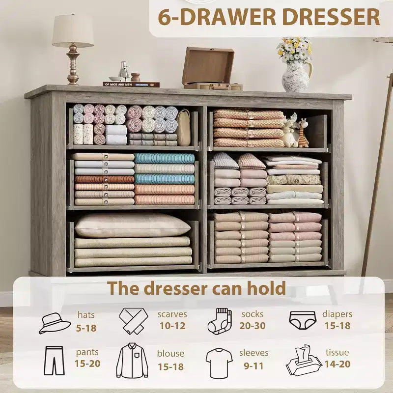 Dresser for Bedroom, Wood 6 Drawers Modern Chest, TV Stand Dresser Cabinet, Wood Closet, 6-Drawer Dressers for Bedroom Living Room