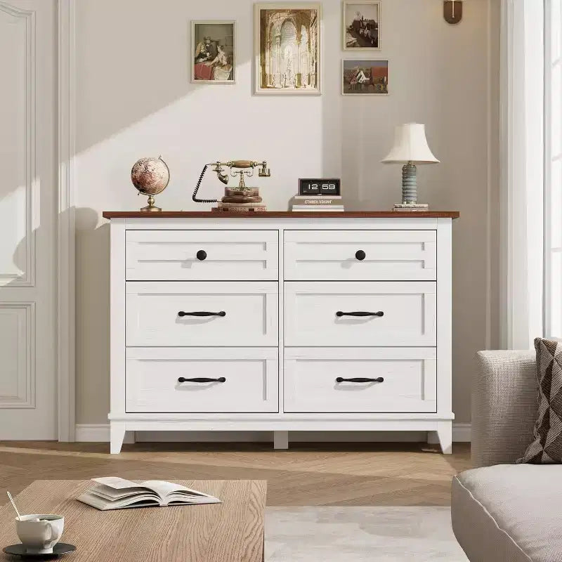 Dresser for Bedroom, Wood 6 Drawers Modern Chest, TV Stand Dresser Cabinet, Wood Closet, 6-Drawer Dressers for Bedroom Living Room