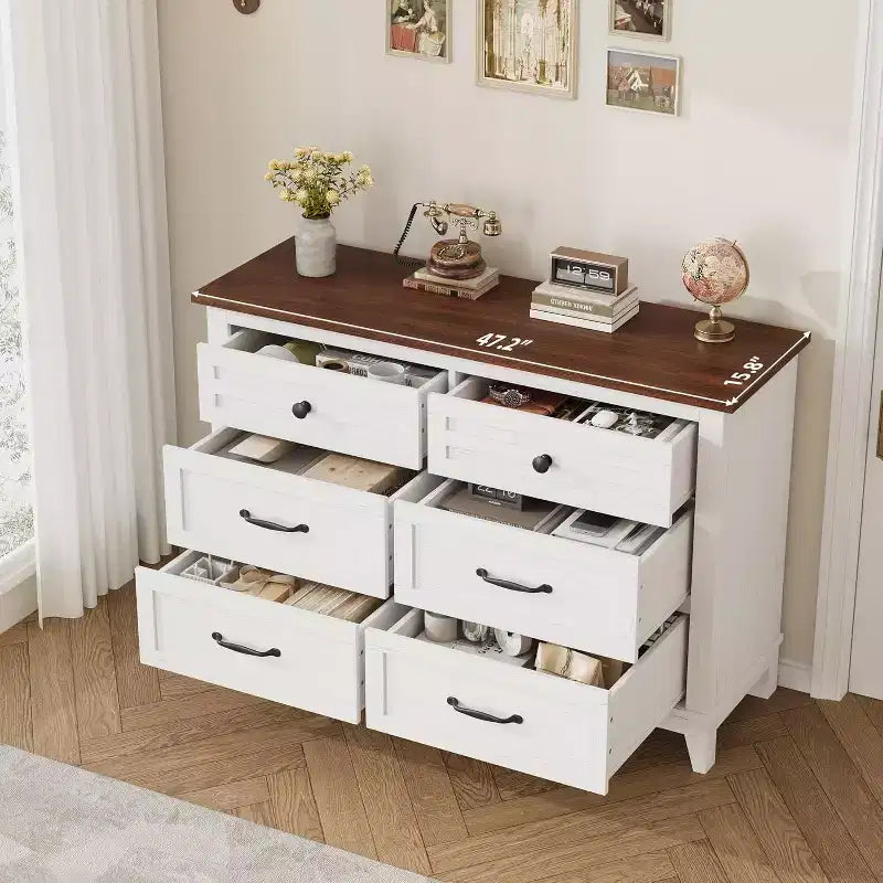 Dresser for Bedroom, Wood 6 Drawers Modern Chest, TV Stand Dresser Cabinet, Wood Closet, 6-Drawer Dressers for Bedroom Living Room