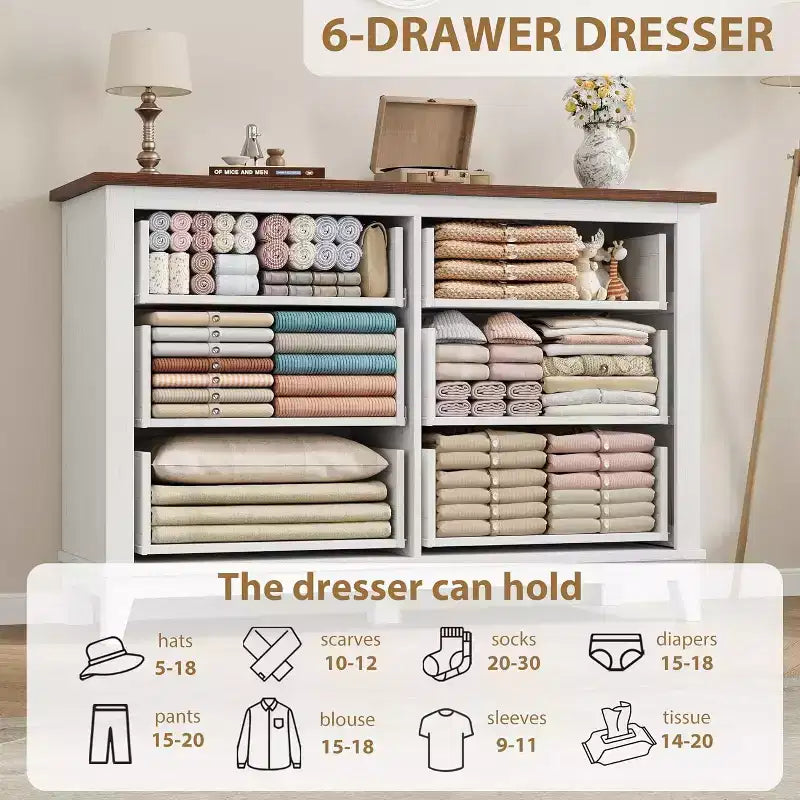 Dresser for Bedroom, Wood 6 Drawers Modern Chest, TV Stand Dresser Cabinet, Wood Closet, 6-Drawer Dressers for Bedroom Living Room