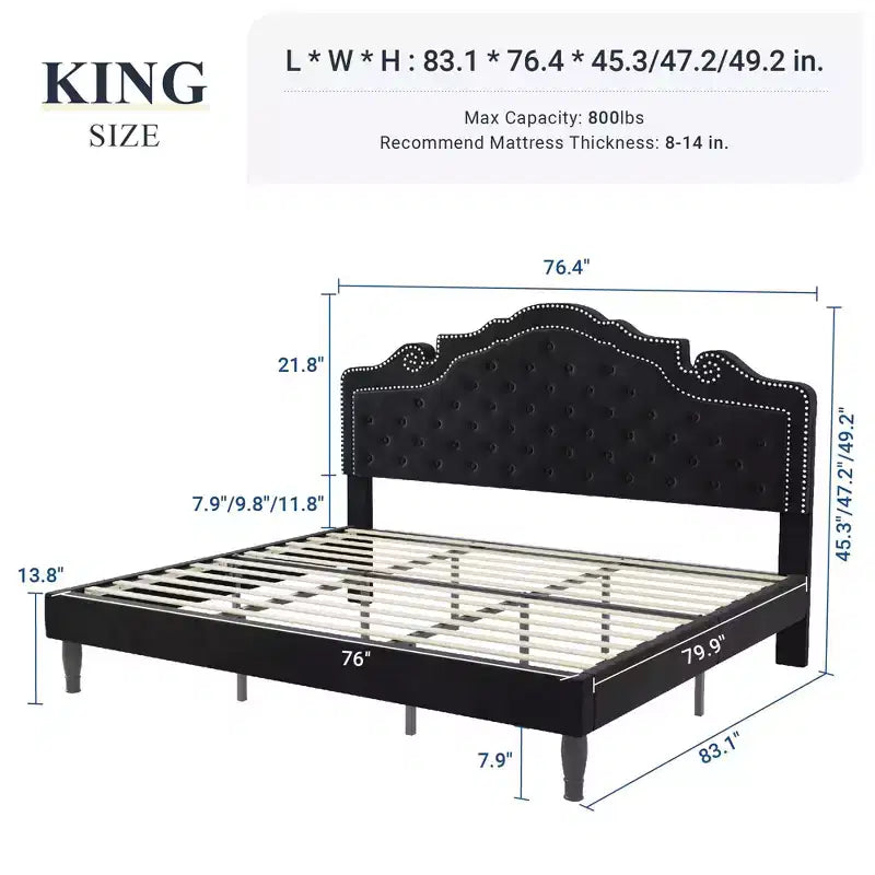 King Size Bed with Velvet Tufted Headboard, Upholstered Platform Bed Frame, Wood Slats Support