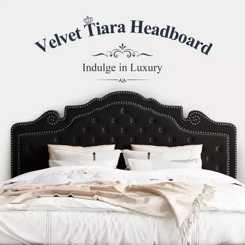 King Size Bed with Velvet Tufted Headboard, Upholstered Platform Bed Frame, Wood Slats Support