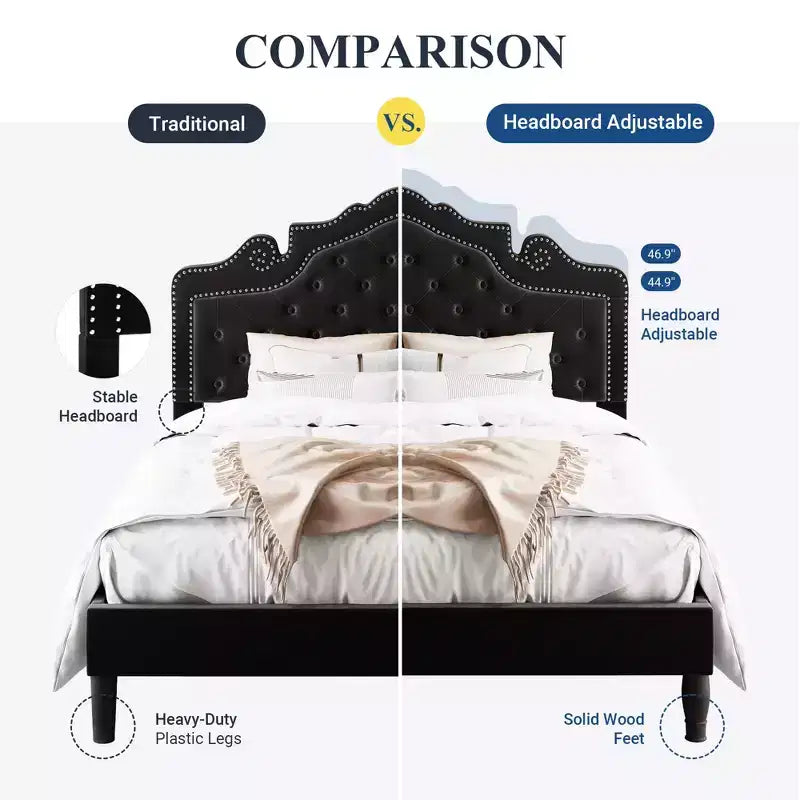 King Size Bed with Velvet Tufted Headboard, Upholstered Platform Bed Frame, Wood Slats Support
