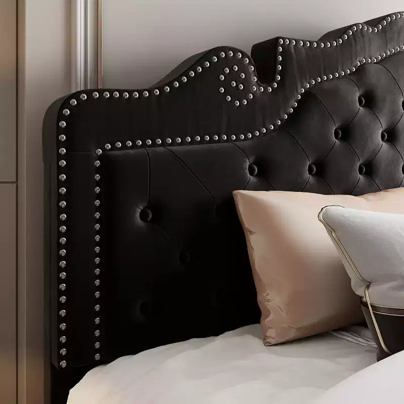King Size Bed with Velvet Tufted Headboard, Upholstered Platform Bed Frame, Wood Slats Support