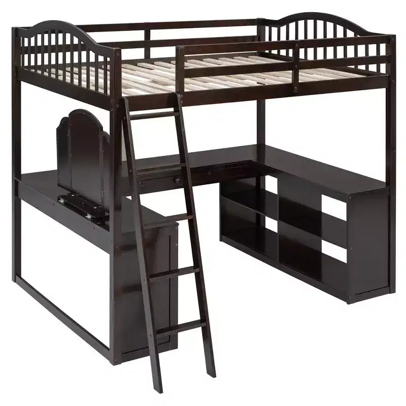 Full Size Loft Bed with Desk, Wood Loft Bed with Drawers & Storage Shelves, High Loft Bed Full with Vanity Mirror for Kids Teens Adults