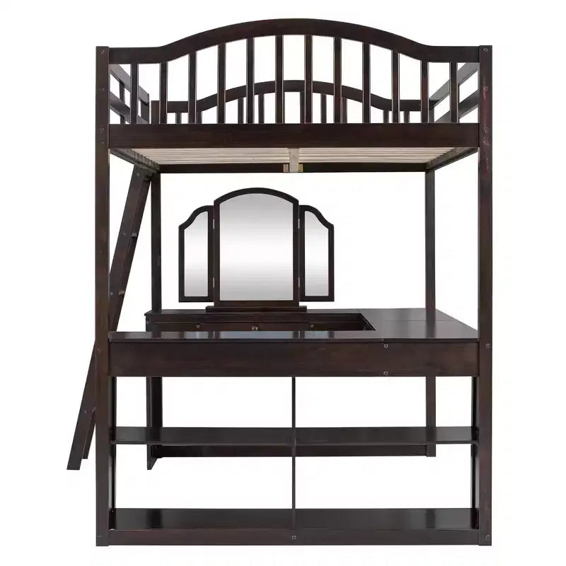 Full Size Loft Bed with Desk, Wood Loft Bed with Drawers & Storage Shelves, High Loft Bed Full with Vanity Mirror for Kids Teens Adults