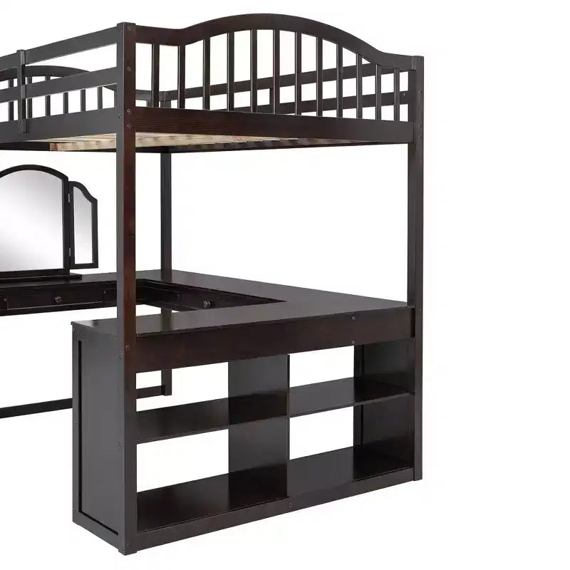 Full Size Loft Bed with Desk, Wood Loft Bed with Drawers & Storage Shelves, High Loft Bed Full with Vanity Mirror for Kids Teens Adults