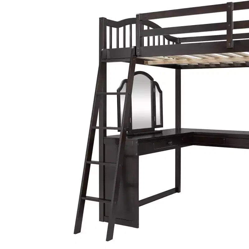 Full Size Loft Bed with Desk, Wood Loft Bed with Drawers & Storage Shelves, High Loft Bed Full with Vanity Mirror for Kids Teens Adults