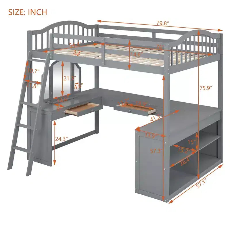 Full Size Loft Bed with Desk, Wood Loft Bed with Drawers & Storage Shelves, High Loft Bed Full with Vanity Mirror for Kids Teens Adults