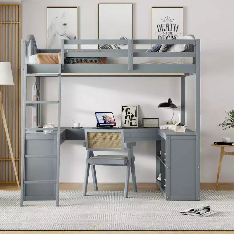 Full Size Loft Bed with Desk, Wood Loft Bed with Drawers & Storage Shelves, High Loft Bed Full with Vanity Mirror for Kids Teens Adults