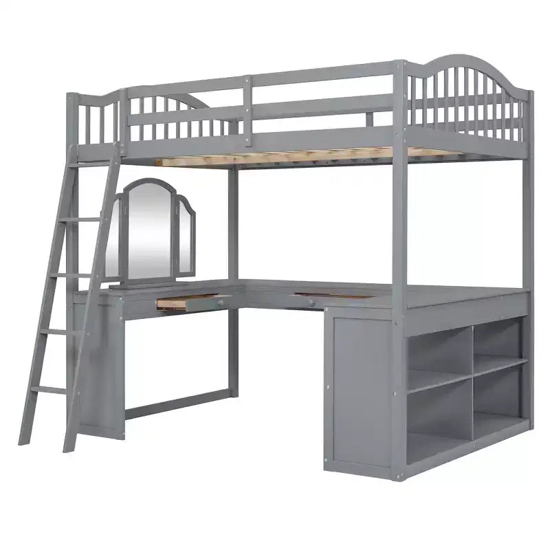 Full Size Loft Bed with Desk, Wood Loft Bed with Drawers & Storage Shelves, High Loft Bed Full with Vanity Mirror for Kids Teens Adults