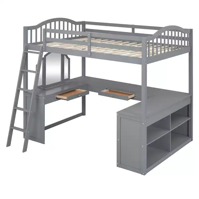 Full Size Loft Bed with Desk, Wood Loft Bed with Drawers & Storage Shelves, High Loft Bed Full with Vanity Mirror for Kids Teens Adults